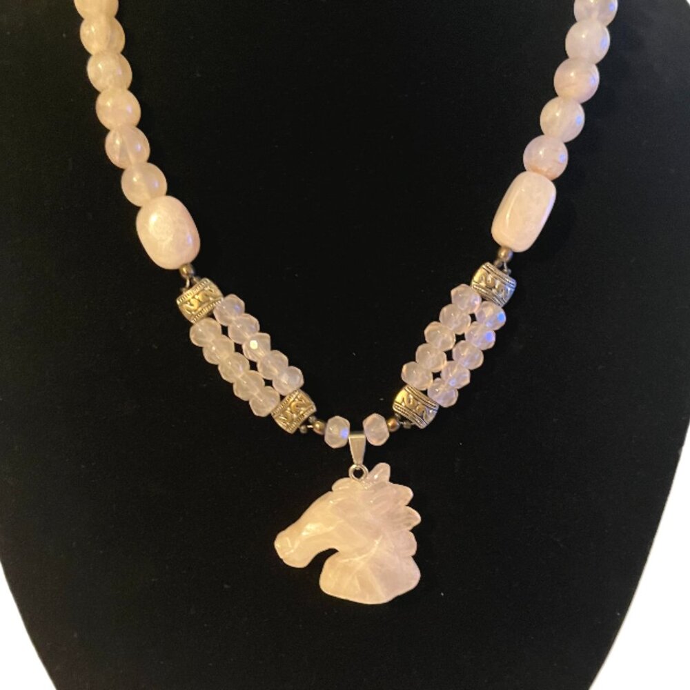 Natural Rose Quartz Handcrafted Beaded Necklace with Horse Pendant